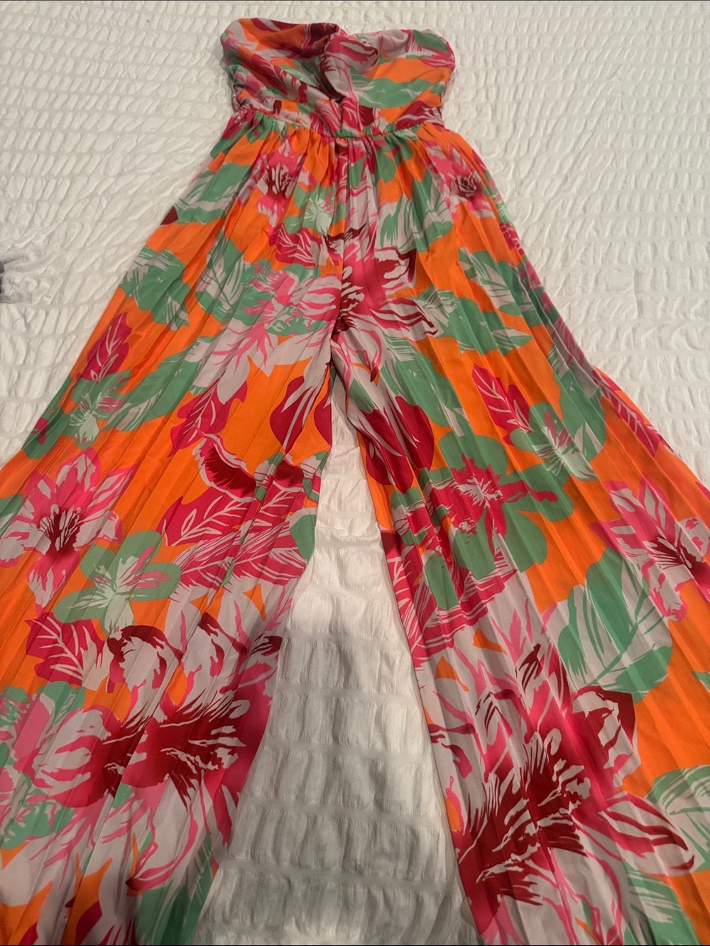 Floral Strapless Wide-Leg Jumpsuit in Orange & Pink